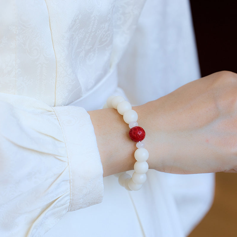 Lingyin Style Natural White Jade Bodhi Bracelet with Cinnabar and Red Sand, Wealth Pixiu, Soft Wrap Bracelet for Men and Women