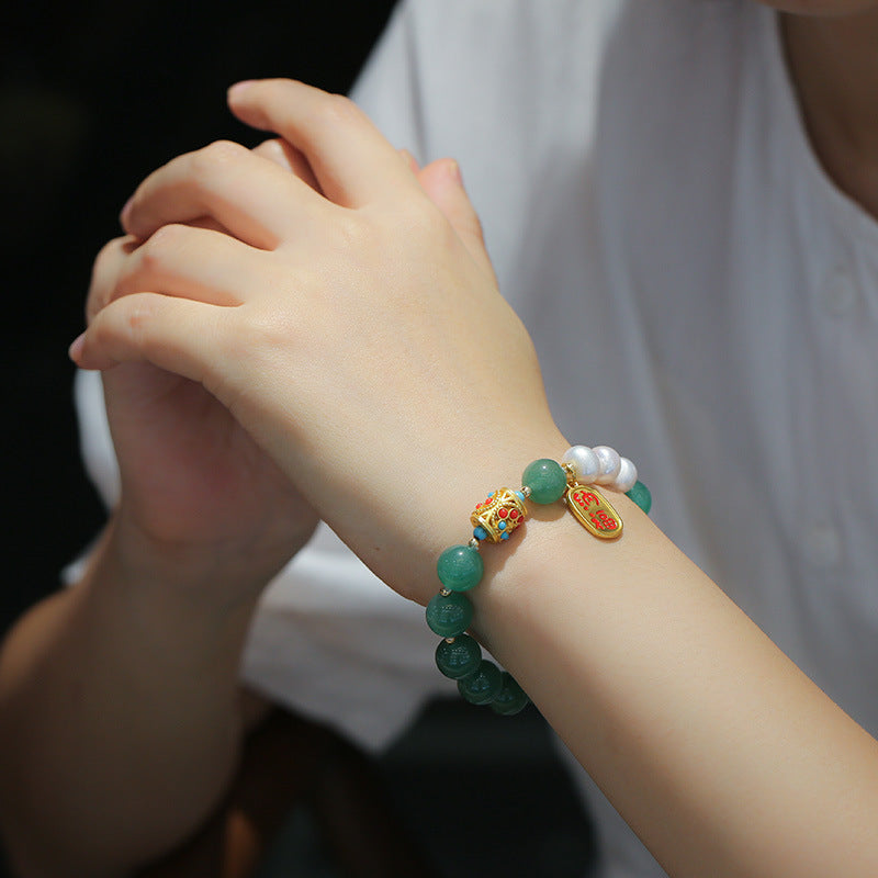 Vintage Chinese Style Green Aventurine Bracelet Pearl Pendant Fortune Bracelet Jade Crystal Ethnic Style Jewelry