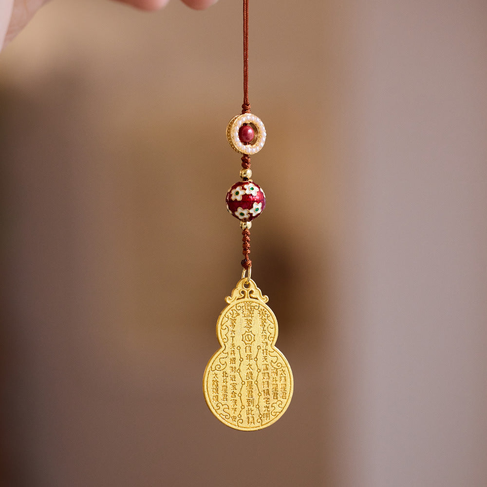 Ancient Method Sand Gold Copper Plated Gourd Pendant with Cinnabar and Hydrangea DIY Birth Year Wealth Business Good Luck Keychain Phone Pendant