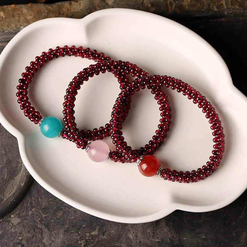 Natural Garnet Bracelet for Women Purple Tooth Black Crystal Jewelry Amazonite Pink Quartz Agate Woven Bracelet