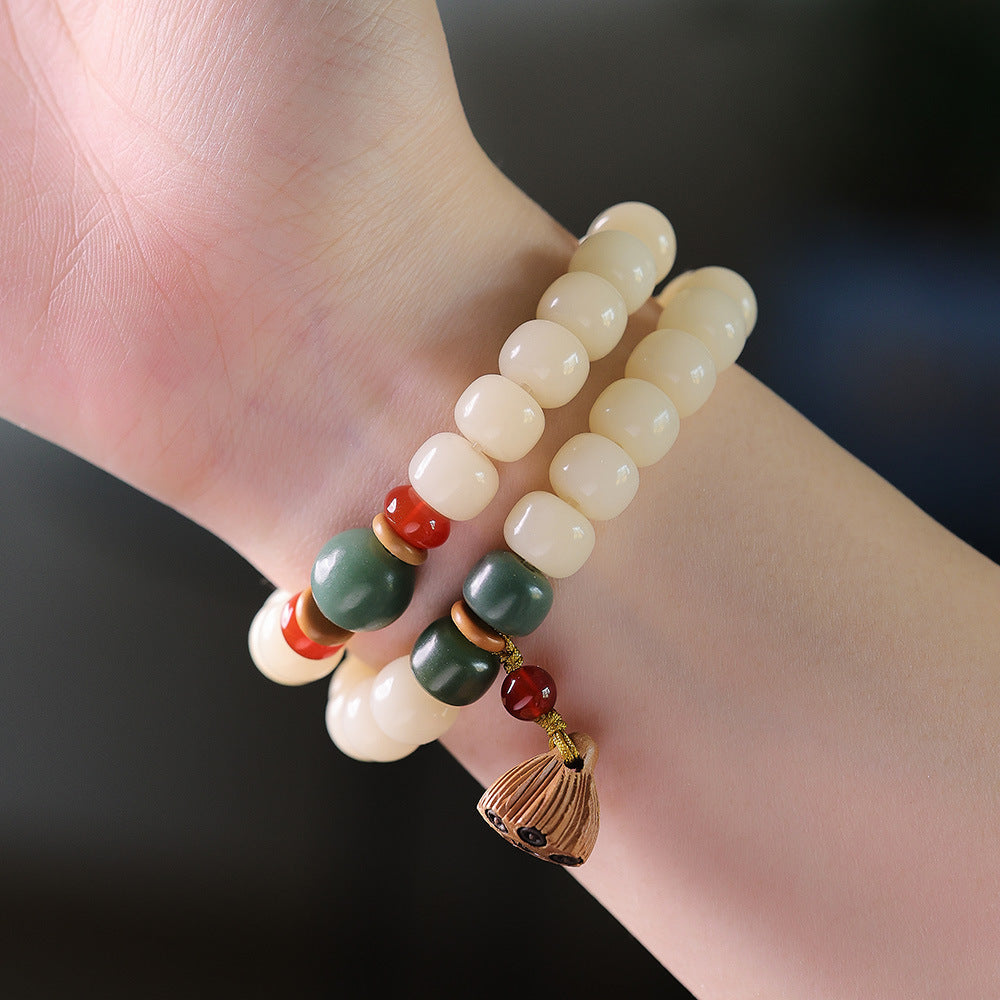 Natural White Jade Bodhi Double Circle Bracelet with Jujube Wood Lotus Seed Pod Tassel Abacus Old Style Barrel Bead Bracelet Collectible Artifact