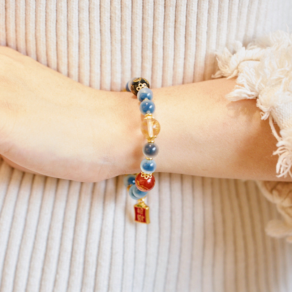 Temple Style Natural Blue Agate Bracelet Five-Way Wealth God Half-Sugar Agate Treasure Bowl Bracelet Gift