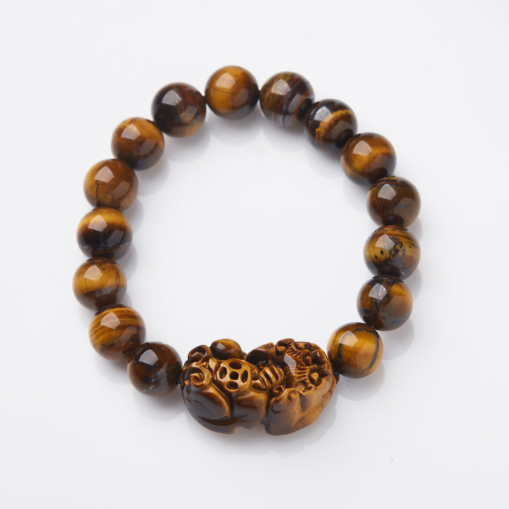 Natural Yellow Tiger Eye Stone Pixiu Bracelet A Grade Natural Tiger Eye Stone14MM Men's Tiger Eye Pixiu Bracelet Live Broadcast