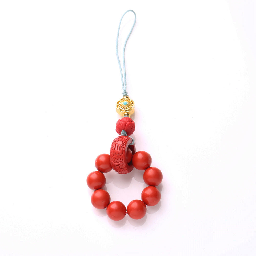 Natural Cinnabar Mobile Phone Charm Buddha Beads Red Sand Hand Toy Mobile Phone Lanyard Keychain Animal Year Pendant Gift
