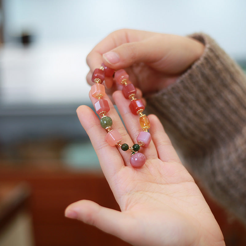 Natural Salt Source Agate Cube Bracelet with Hanging Peach Jasper Barrel Beads Amber Irregular Shape Candy Color Multi-Gem Bracelet for Women