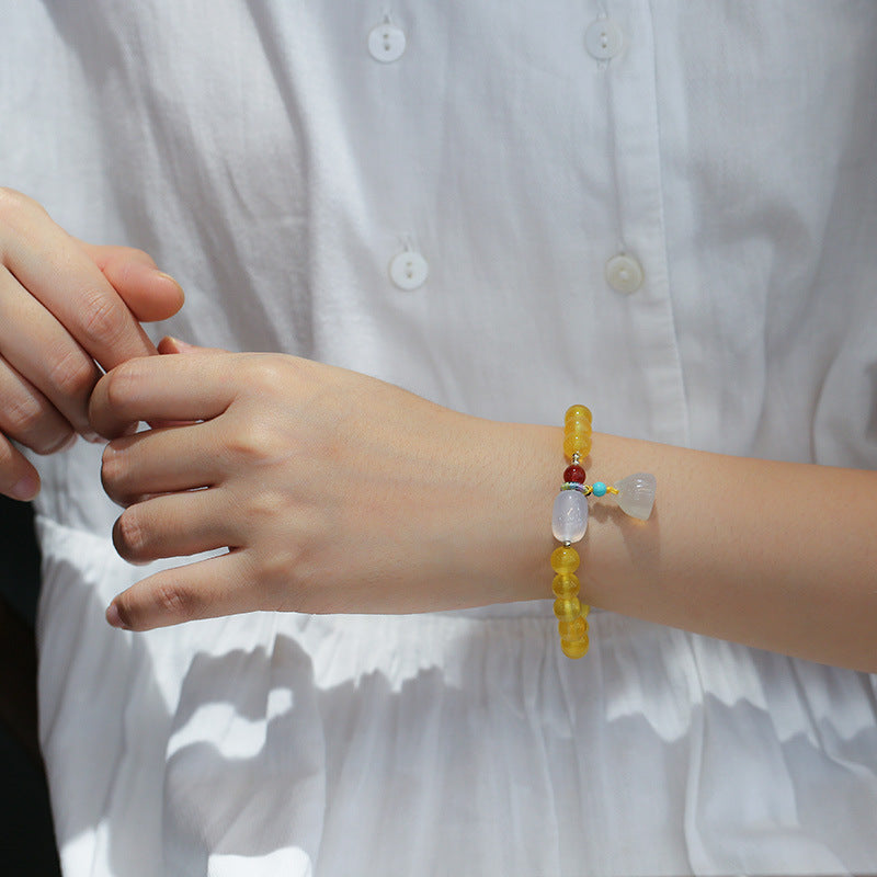 Natural8MM Yellow Agate Bracelet White Agate Barrel Bead Lotus Pod Bracelet Jewelry Hand Accessories Couple Best Friend Gift