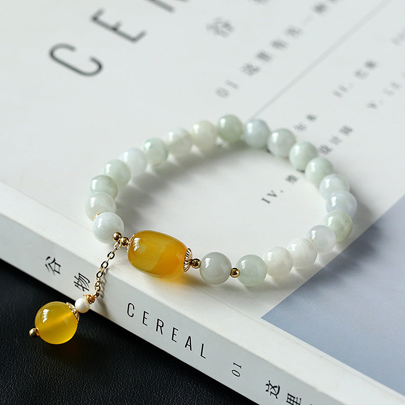 Original and Natural A Jade Bracelet with Agate Tassel Pendant14K Gold-Plated Women's Valentine's Day Gift Jade Bracelet