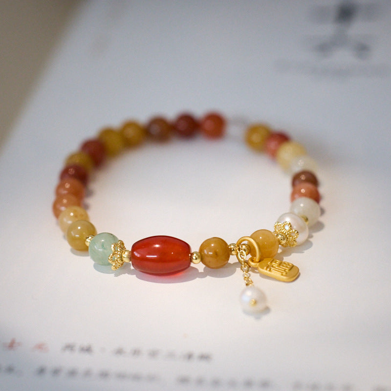 Natural Xinjiang Golden Silk Jade Bracelet for Women with Pearl Tassel, New Chinese Style High-end Jade Bead Bracelet, Gift for Best Friend