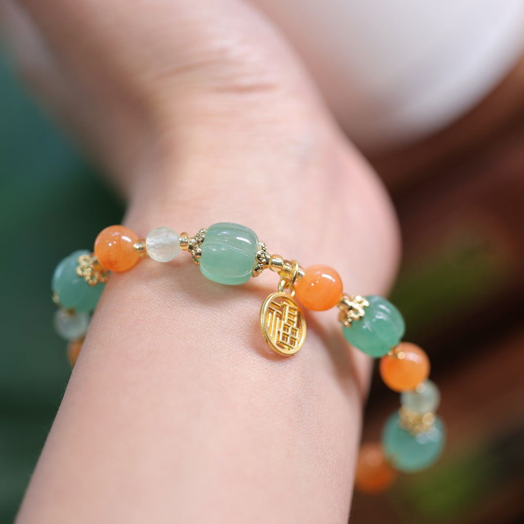 National Style Natural Jinsi Jade Bracelet Xinjiang Colorful Jade Female Pumpkin Barrel Beads Hanging Blessing Card Jade Bracelet Temple Same Style