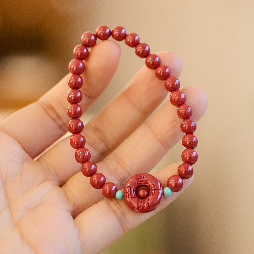 Custom Natural High Content Imperial Sand Bracelet with Amber and Pearl, Chinese Style Red Birth Year Cinnabar Beaded Bracelet