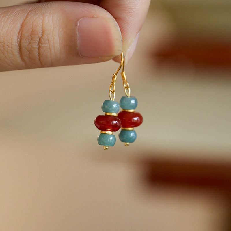 Natural Blue Water Jade Earrings S925Silver Thousand Miles of Rivers and Mountains Red Agate National Style Earrings New Chinese Hook Earrings