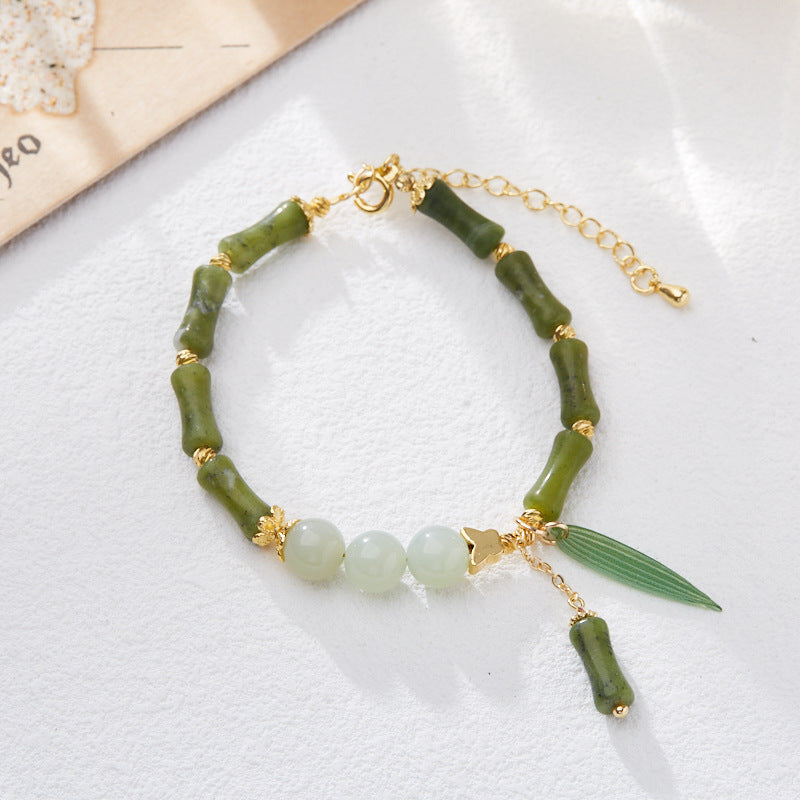 Natural Olive Jade Bamboo Bracelet for Women, One Leaf of Prosperity, Lily of the Valley Flower, Hetian Jade Bracelet, Gift for Best Friend