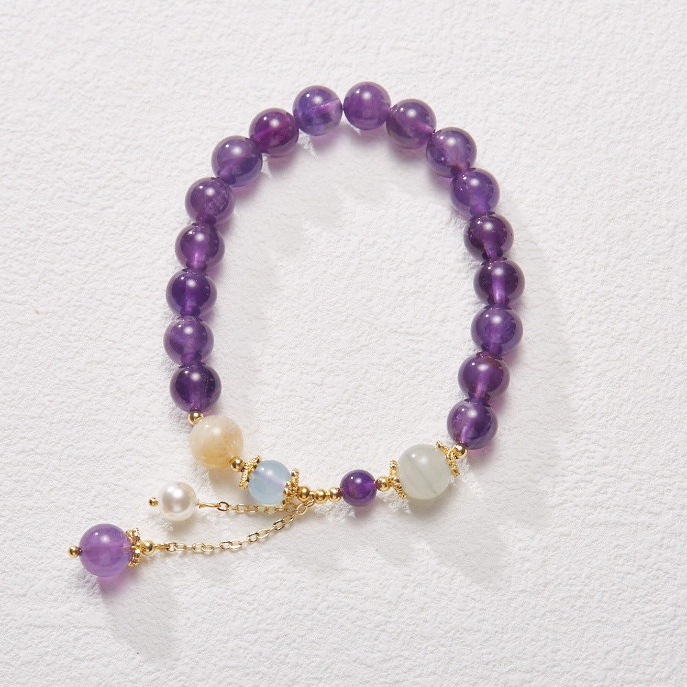 Unique Design Natural8MM Amethyst Bracelet for Women with Pearl Pendant and Tassel, Female Jewelry, Best Friend Gift