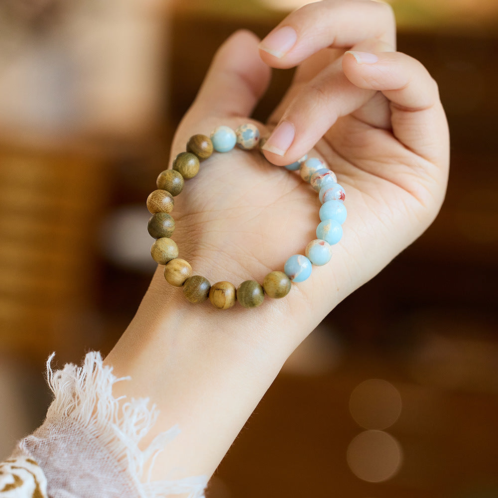 National Style Shoushan Stone Bracelet for Women Fashion Single Circle Green Sandalwood Bead Bracelet Artistic Ethnic Retro Jewelry