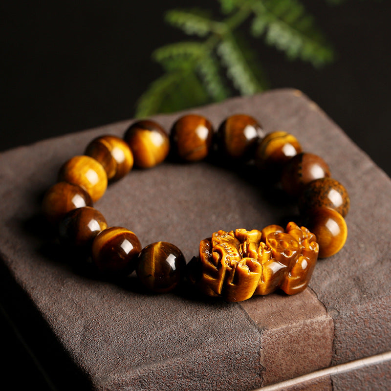 Natural Yellow Tiger Eye Stone Pixiu Bracelet A Grade Natural Tiger Eye Stone14MM Men's Tiger Eye Pixiu Bracelet Live Broadcast