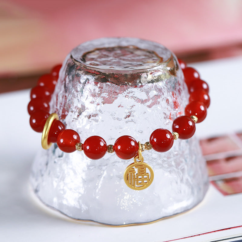 Live Streaming Natural8MM Red Agate Bracelet for Women Fortune Pendant Chalcedony Agate High-end Design Bracelet