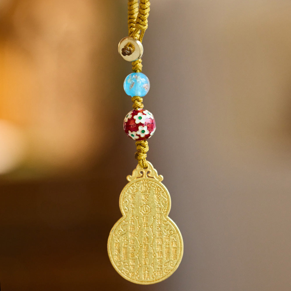 Ancient Method Sand Gold Copper Plated Gourd Pendant with Cinnabar and Hydrangea DIY Birth Year Wealth Business Good Luck Keychain Phone Pendant