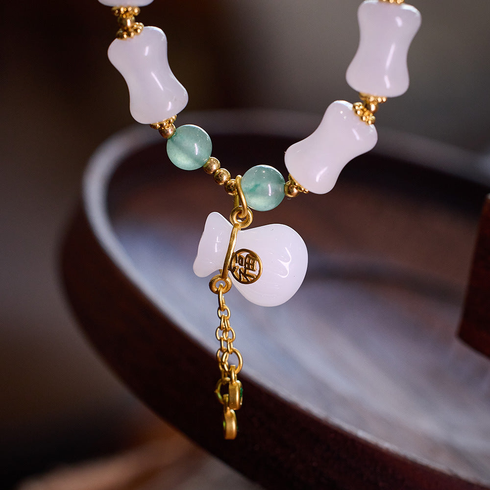 Natural Tianshan Jade Bamboo Knot Bracelet for Women Wallet Drum Money Bag Golden Silk Jade High-end Feel Bestie Bracelet Gift