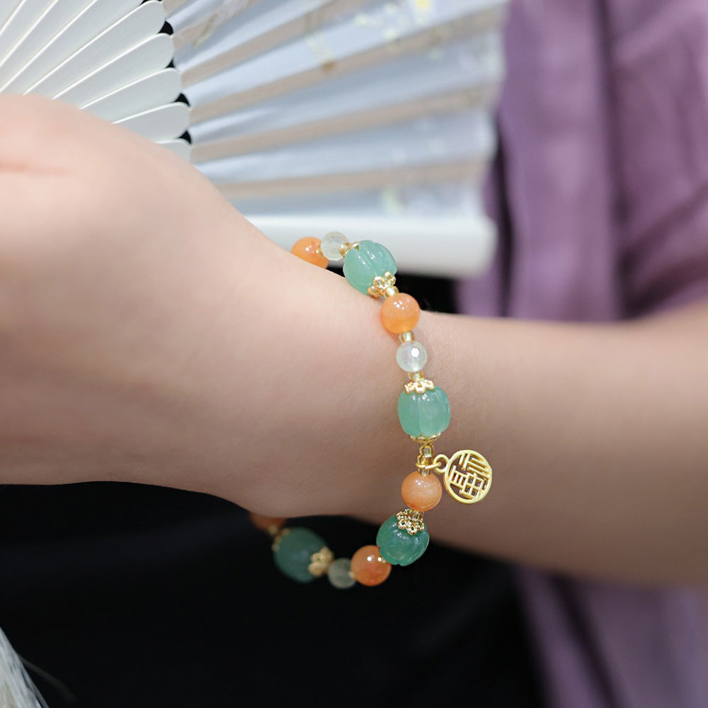 National Style Natural Jinsi Jade Bracelet Xinjiang Colorful Jade Female Pumpkin Barrel Beads Hanging Blessing Card Jade Bracelet Temple Same Style