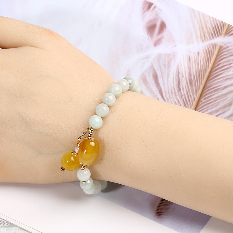 Original and Natural A Jade Bracelet with Agate Tassel Pendant14K Gold-Plated Women's Valentine's Day Gift Jade Bracelet