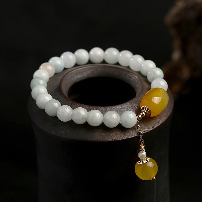 Original and Natural A Jade Bracelet with Agate Tassel Pendant14K Gold-Plated Women's Valentine's Day Gift Jade Bracelet