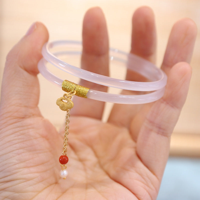 Gold-Devouring Beast Natural Chalcedony Ding-Dang Bracelet Agate Bracelet Ultra-Thin Strip Delicate and Exquisite Jade Bracelet Women's Jewelry Accessories