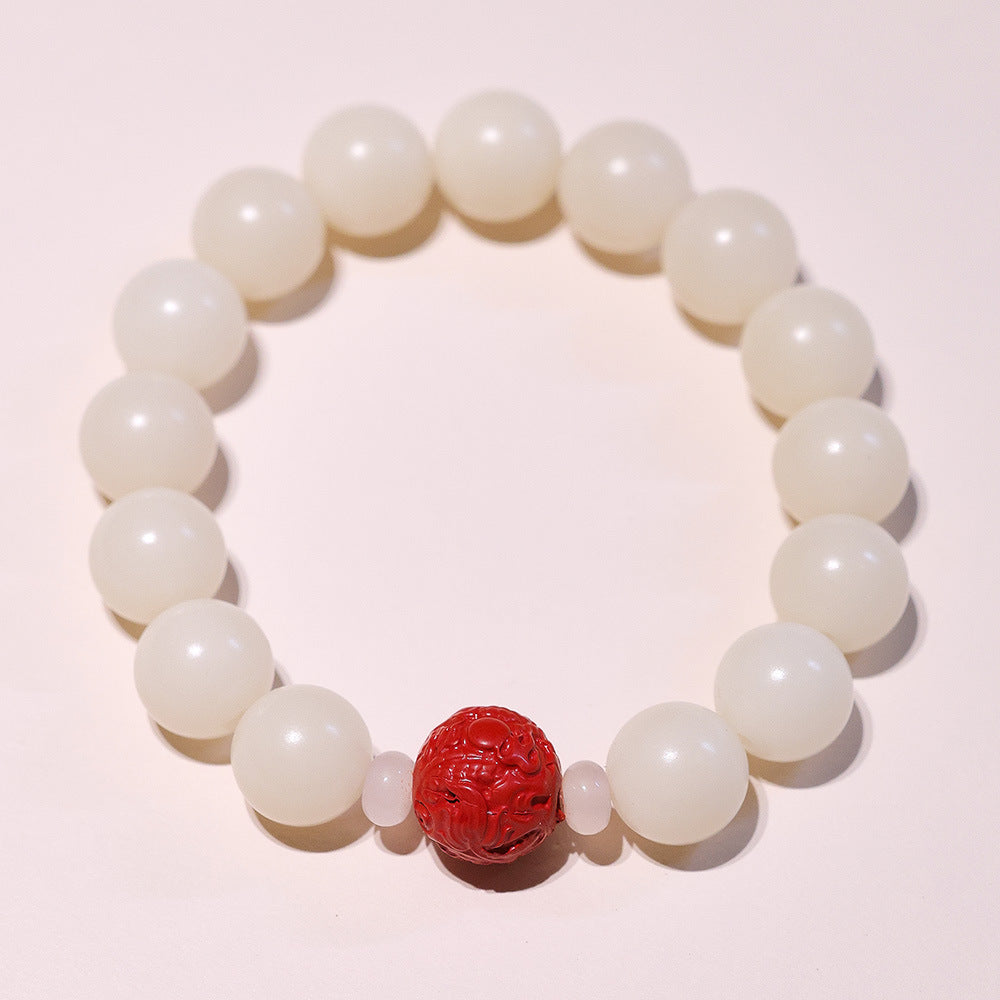 Natural12MM White Jade Bodhi Bracelet Cinnabar Red Sand Bracelet Pliable Temperament Bracelet Men and Women Single Circle Prayer Beads Beads