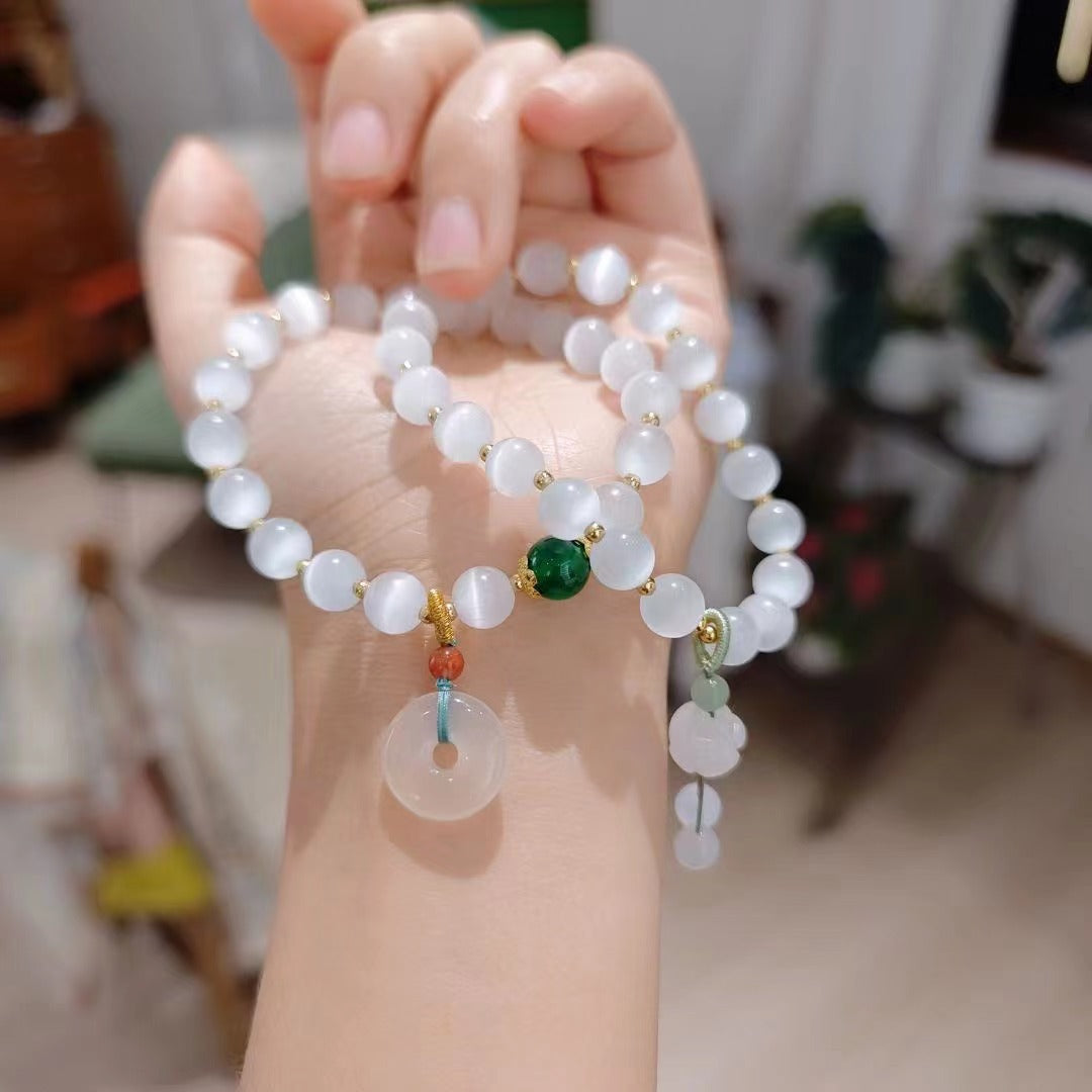 Trendy Chinese Style Cat's Eye Beaded Bracelet for Women ins Niche Design Peace Buckle Lotus Pendant Bead Bracelet Jewelry