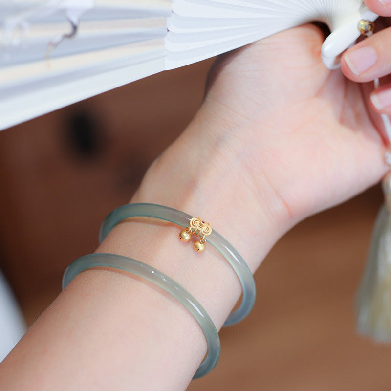 Sky Blue Dingdang Bracelet Hollow Ruyi Bell Style for Women Chalcedony Agate Bracelet Artistic Retro Jade Bracelet Chinese Style