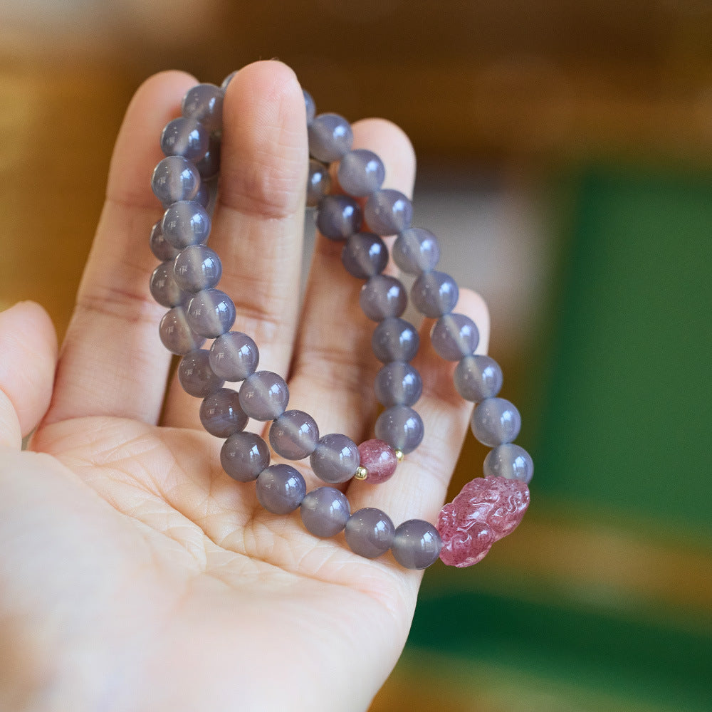 Smoke Purple Autumn Moon Natural Smoke Purple Agate Bracelet for Women Strawberry Crystal Pixiu Flower Double Circle Bracelet