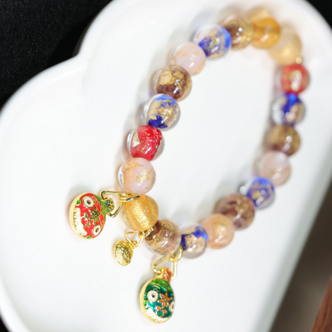 Temple Style Incense Ash Porcelain Gold Foil Glass Bracelet Swallowing Gold Beast Family of Three Ten Perfect Incense Ash Glass Bracelet