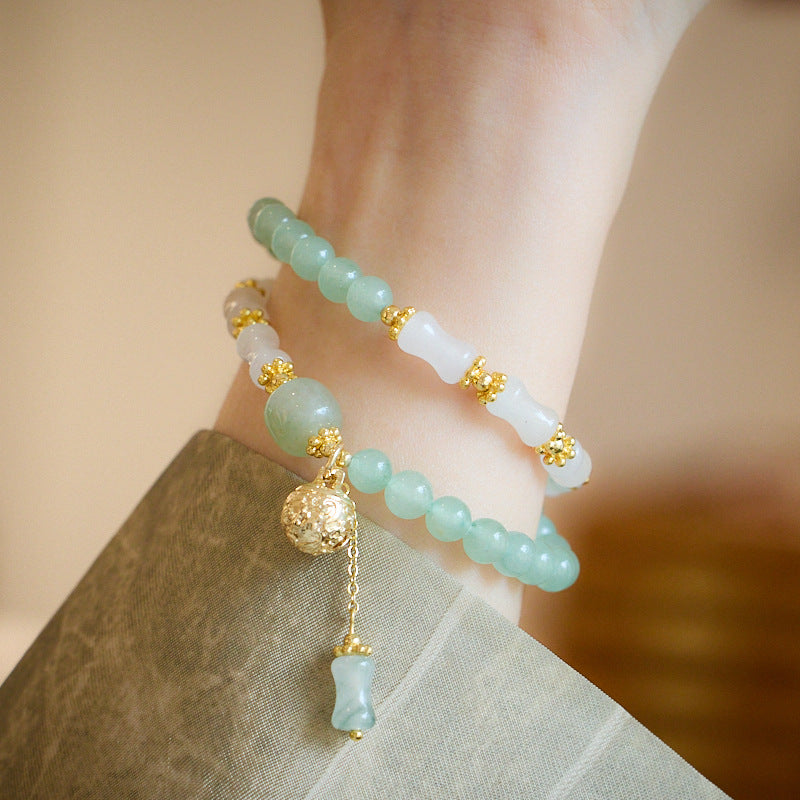 Natural Tianshan Jade Bamboo Knot Bracelet Green Dongling Jade Color Golden Silk Jade Swallowing Gold Beast Bell High-end Bracelet