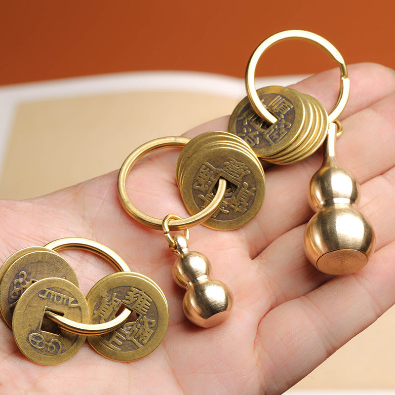 Pure Copper Five Emperor Coins Brass Gourd Keychain Pendant Portable Copper Coin Small Pendant Small Ornament