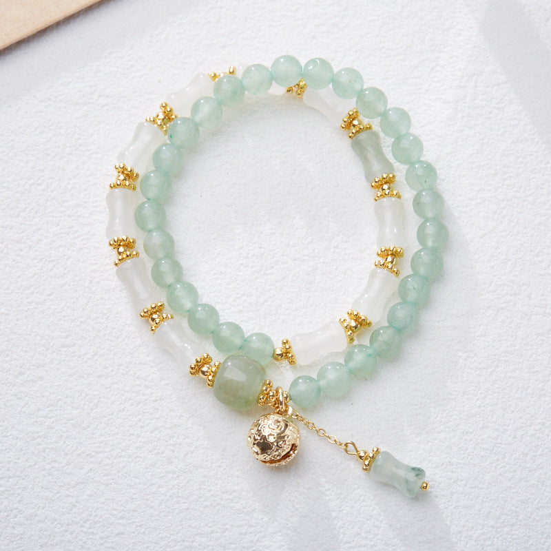 Natural Tianshan Jade Bamboo Knot Bracelet Green Dongling Jade Color Golden Silk Jade Swallowing Gold Beast Bell High-end Bracelet