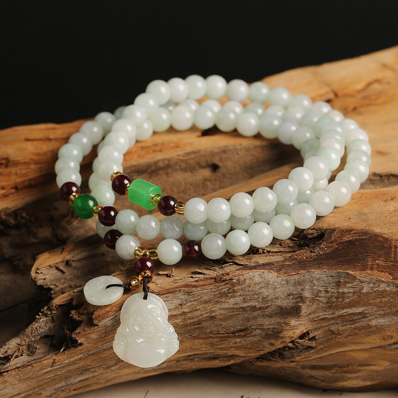 Natural A Jadeite Jade Stone Three-Layer Bracelet With Beads Dry Green Garnet Gourd Double Pixiu Pendant