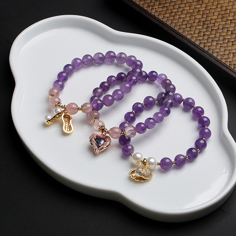 Natural Amethyst Strawberry Quartz Bracelet Heart of the Ocean Crystal Bracelet for Women Best Friends Summer Simple Style Accessories