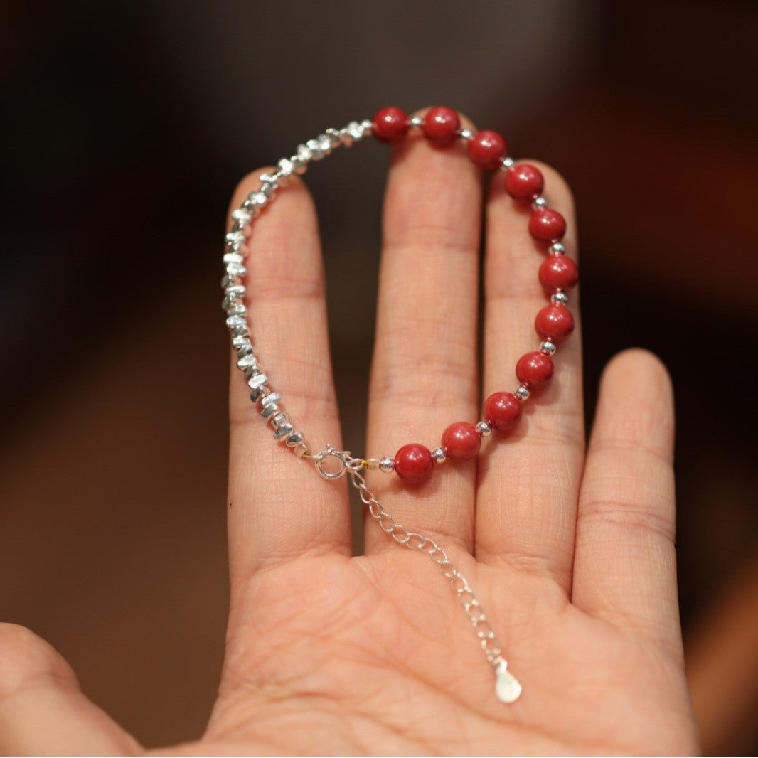 Custom Natural High Content Imperial Sand Bracelet with Amber and Pearl, Chinese Style Red Birth Year Cinnabar Beaded Bracelet
