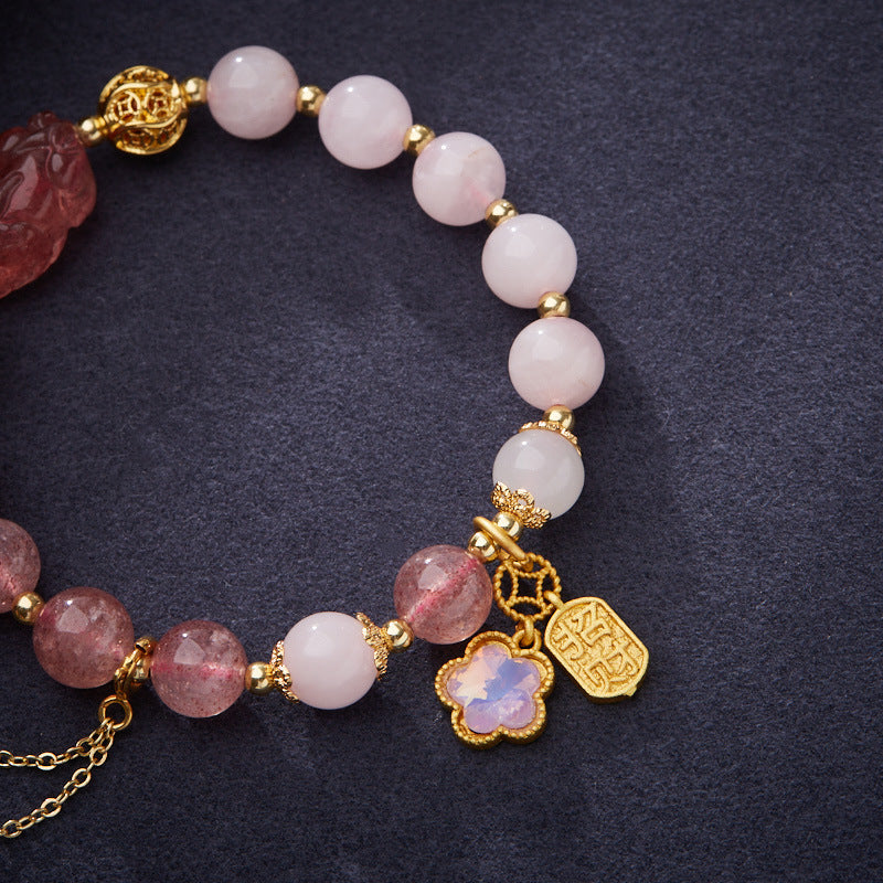 Natural Strawberry Quartz and Pink Quartz Double Bracelet for Women Strawberry Quartz Pixiu Wealth Flower Good Luck Bracelet Crystal Bracelet