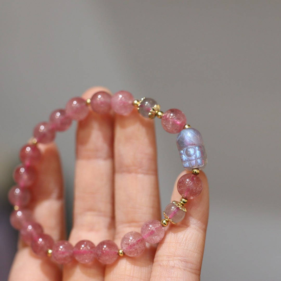Natural7MM Pigeon Blood Red Strawberry Quartz Pixiu Bracelet for Women Moonstone Good Luck Peach Blossom Pink Quartz Beaded Bracelet Gift