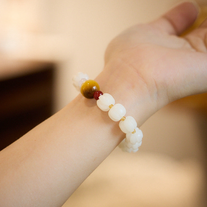 Temple Style Natural White Jade Bodhi Bracelet Tiger Eye Stone Bodhi Pumpkin Bracelet Soft Chinese Style Bracelet