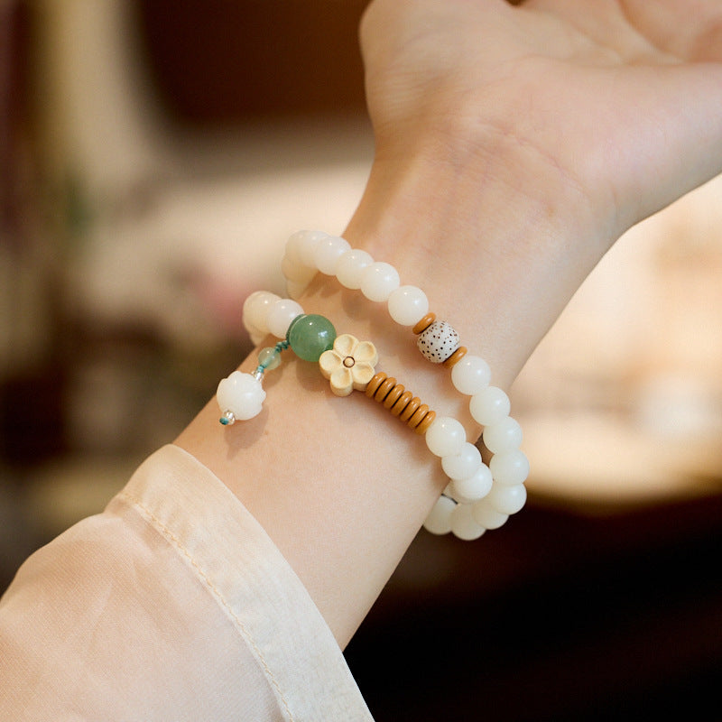Natural White Jade Bodhi Bracelet Wealth Flower Green Aventurine Bodhi Double Circle Cultural Play Bracelet Buddhist Prayer Beads Bracelet