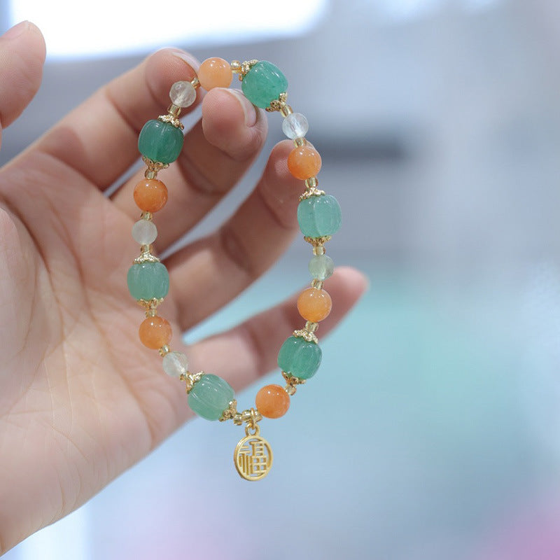 National Style Natural Jinsi Jade Bracelet Xinjiang Colorful Jade Female Pumpkin Barrel Beads Hanging Blessing Card Jade Bracelet Temple Same Style