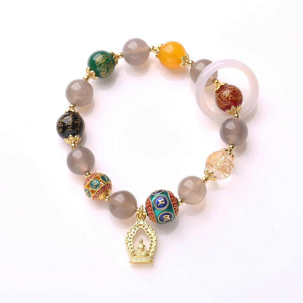 Armband aus natürlichem Achat im Tempelstil, Fünfwege-Reichtumsgott, für Frauen, rauchviolettes Achat-Amulett, Buddha, Perlenarmband im nationalen Stil