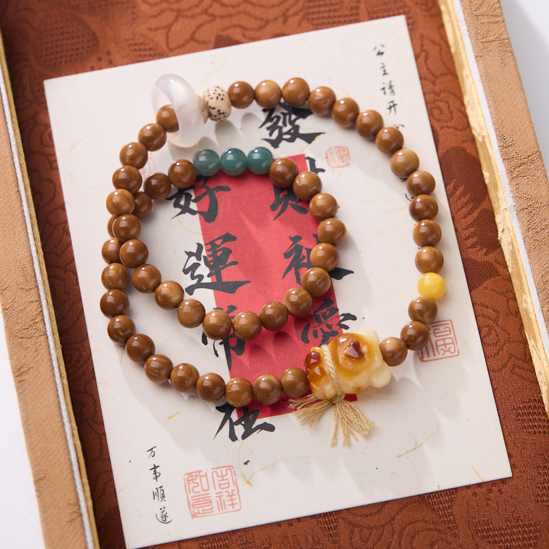 Natural6MM Kuke Bodhi Bracelet Original Design Double Circle Amber Cute Bear Bracelet Cultural Play Gift