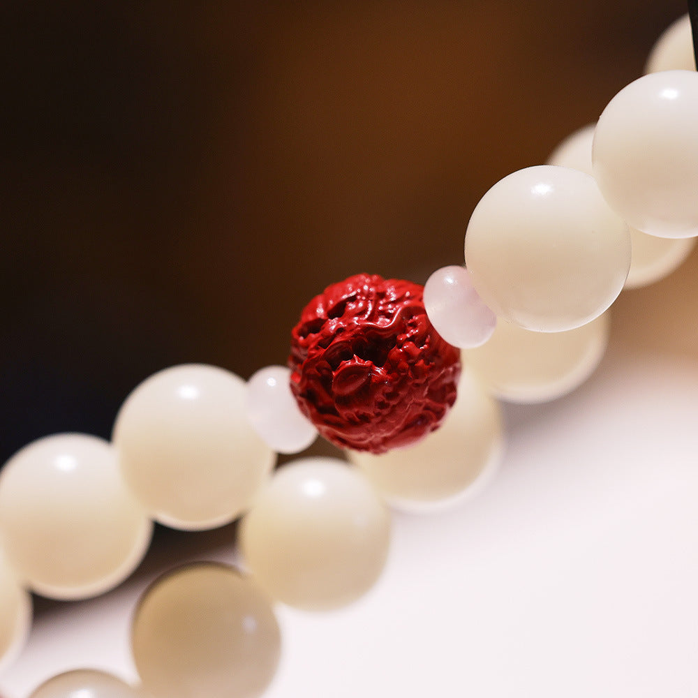 Natural12MM White Jade Bodhi Bracelet Cinnabar Red Sand Bracelet Pliable Temperament Bracelet Men and Women Single Circle Prayer Beads Beads