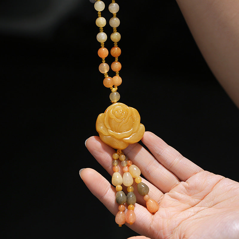 Qipao Beautiful Matching Xinjiang Gold Silk Jade Sweater Chain Necklace Rose Blossom Prosperous Women's Clothing Hanging Chain Jewelry Ethnic Style