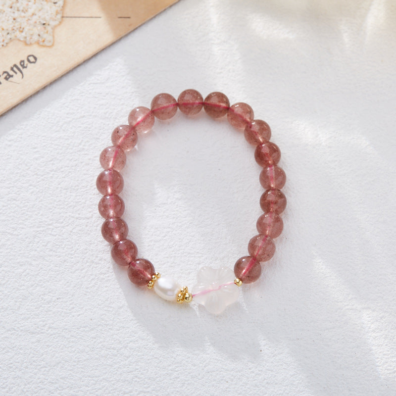 Natural Strawberry Quartz Bracelet for Women Wealth Flower Pixiu Good Luck Pink Crystal Gemstone Design Bracelet Gift