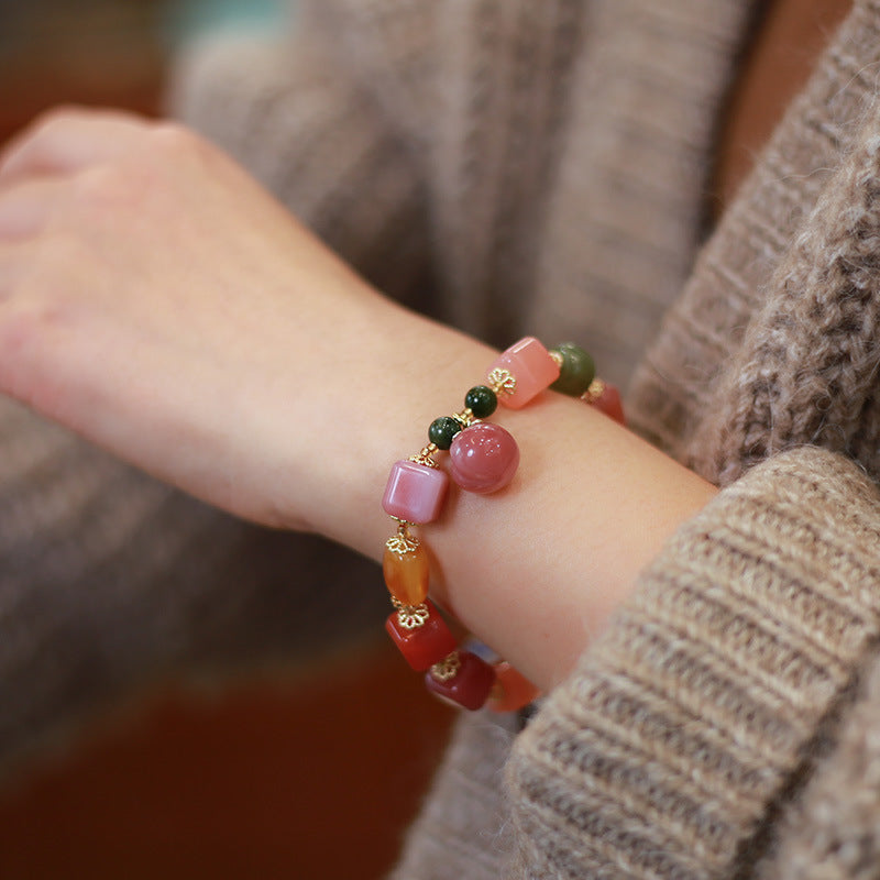 Natural Salt Source Agate Cube Bracelet with Hanging Peach Jasper Barrel Beads Amber Irregular Shape Candy Color Multi-Gem Bracelet for Women