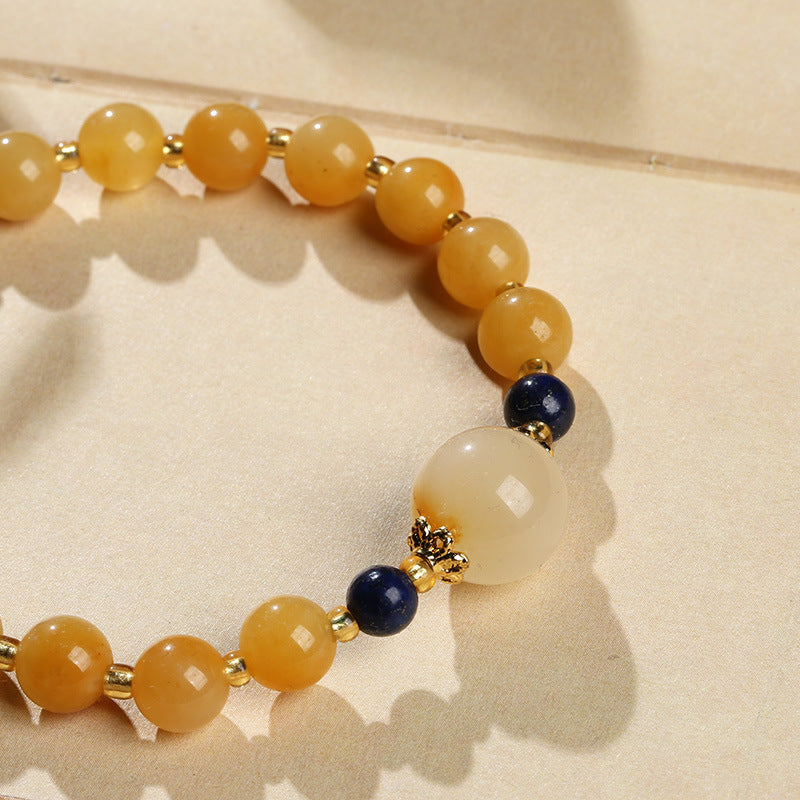 Feiyi Natural Xinjiang Golden Silk Jade Yellow Bracelet Best Friend Gift Small Gourd Tassel Women's Round Bead Jade Bracelet