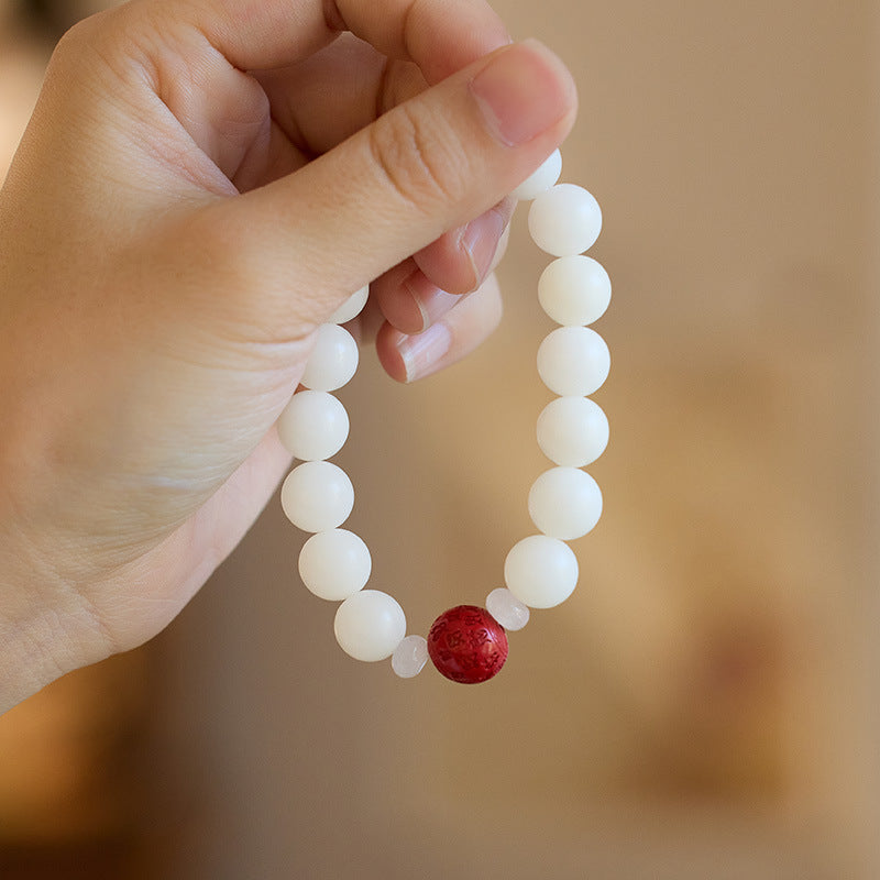 Lingyin Style Natural White Jade Bodhi Bracelet with Cinnabar and Red Sand, Wealth Pixiu, Soft Wrap Bracelet for Men and Women